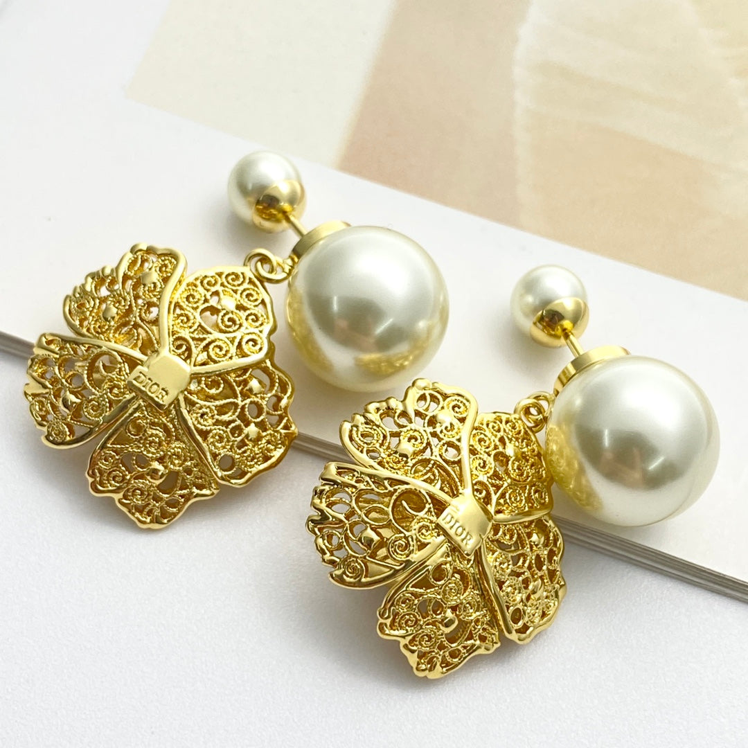 CD 26S PEARL FLORAL FILIGREE DOUBLE DROP EARRINGS IN GOLD METAL 631767